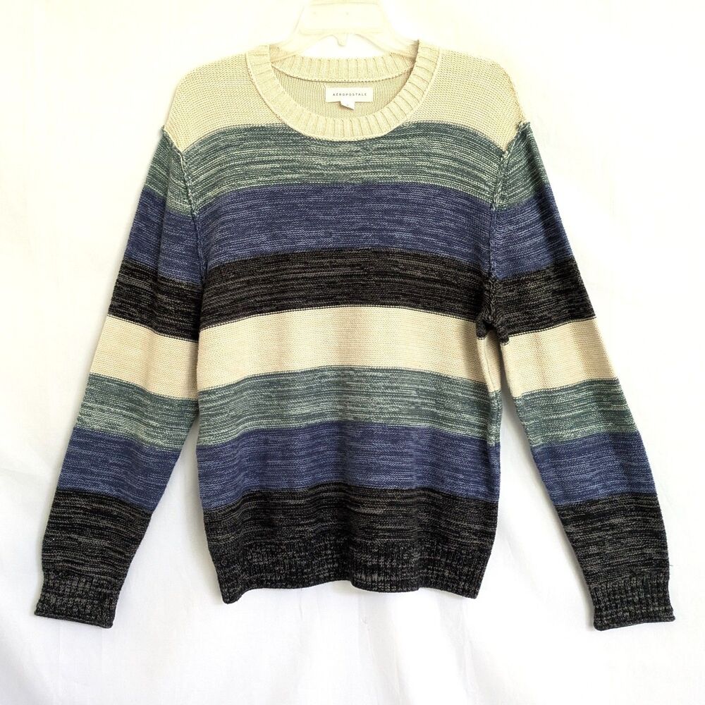 Aeropostale Men's L Space-Dye Striped Crew Sweater Blue Green Reverse Knit
